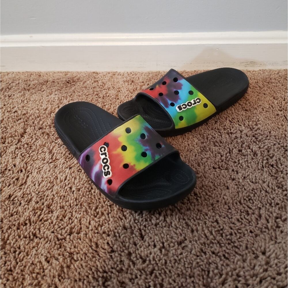 Crocs classic slides sandals tie dye black unisex flip flops 8